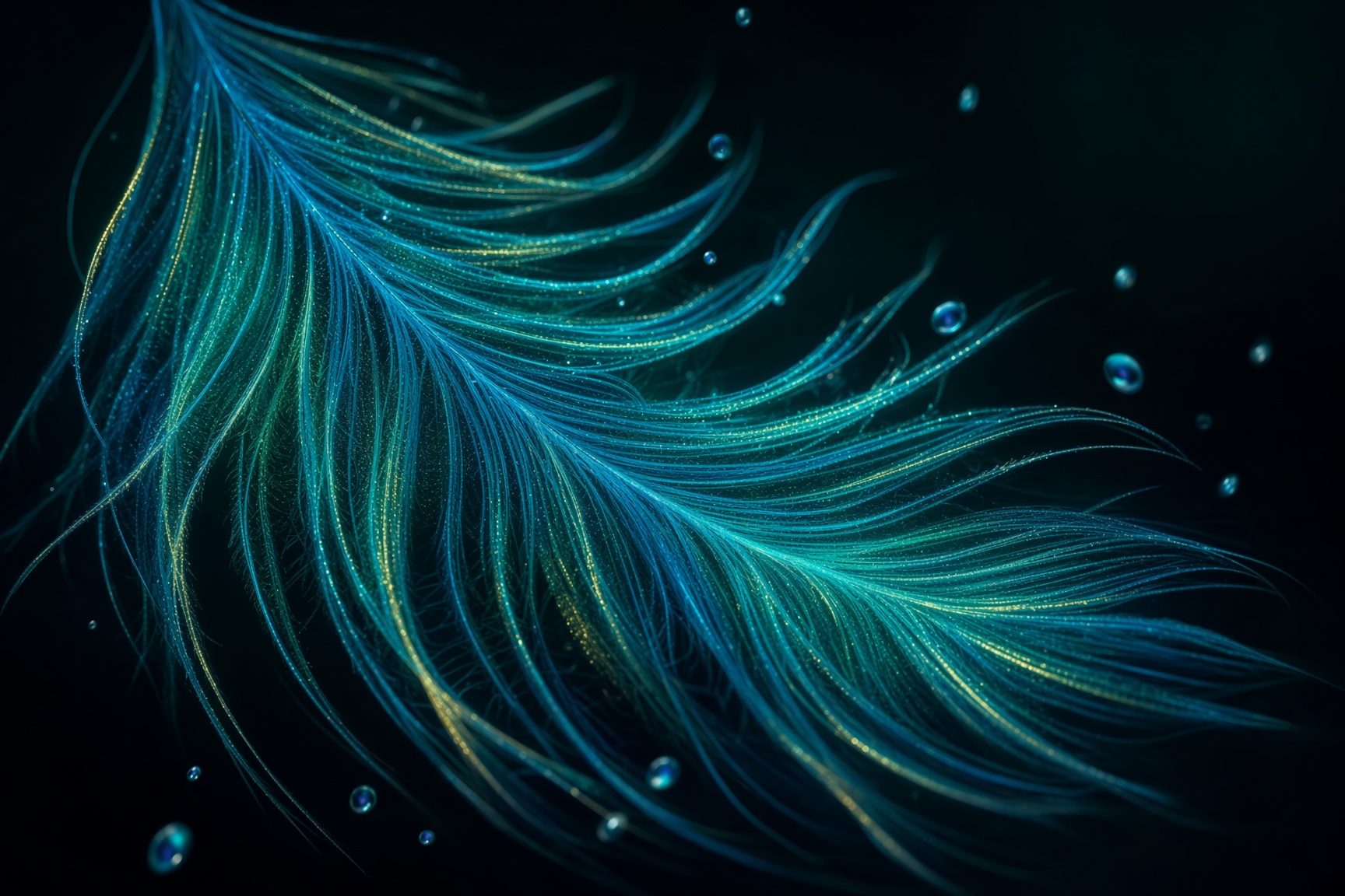 Luminous cyan peacock filaments on dark water